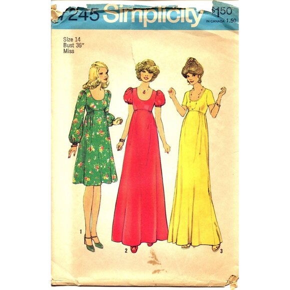 Simplicity 7245 Vintage Sewing Pattern Size 14 Misses Long & Short Dresses With - Picture 1 of 4